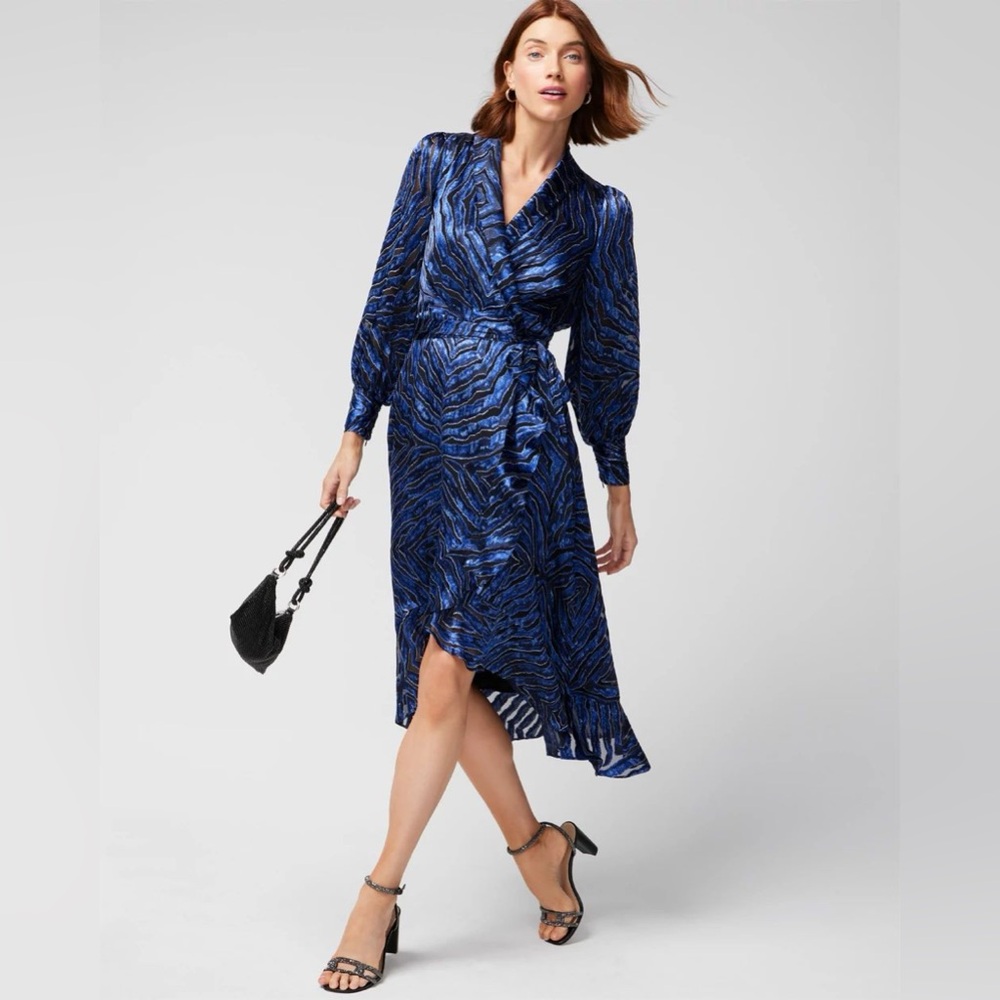 WHBM | Silk Burnout Wrap Dress in Geo Zebra Burnout Midnight Blue